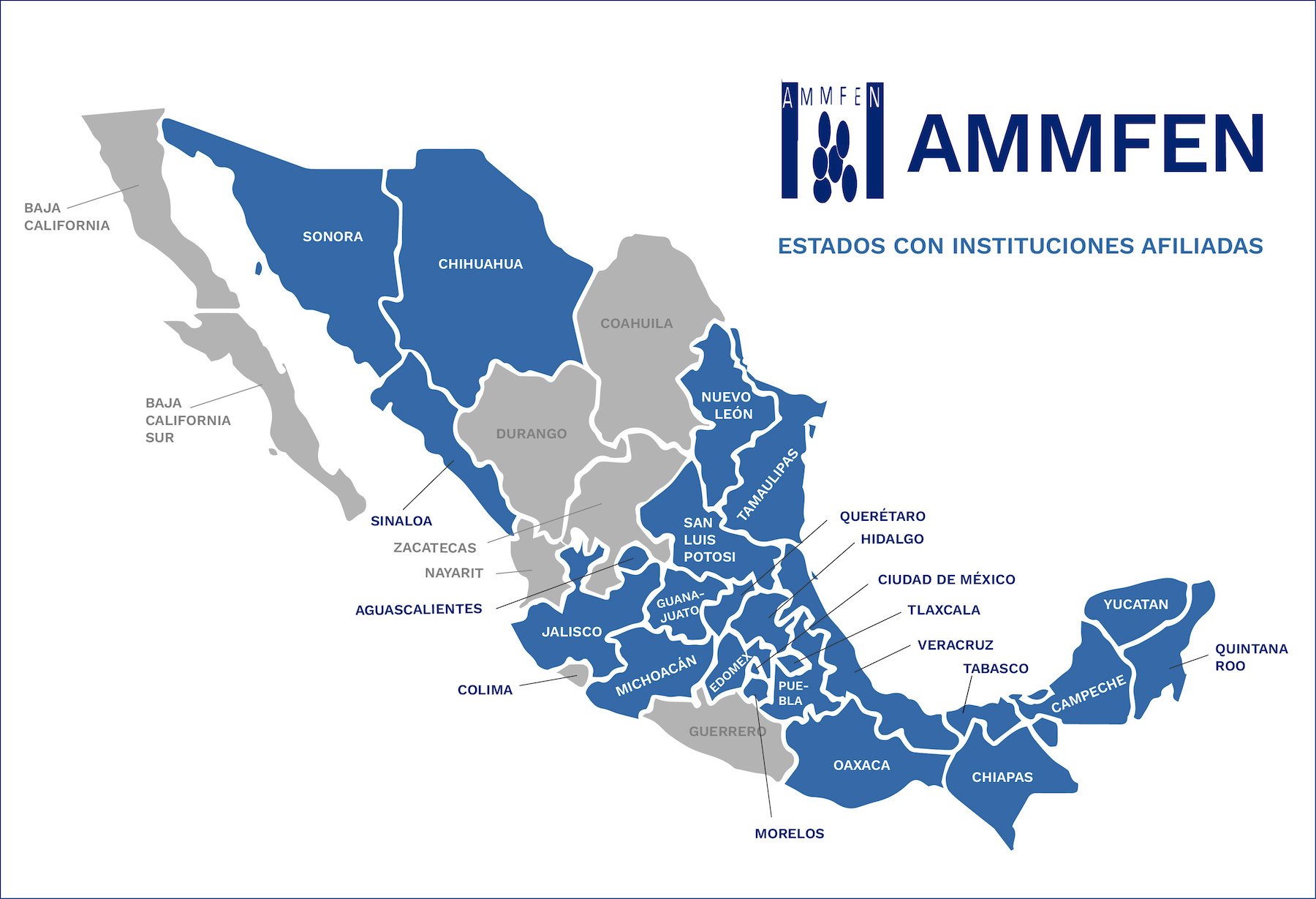 Mapa de México señalando los estados en los que existen instituciones afiliadas a AMMFEN